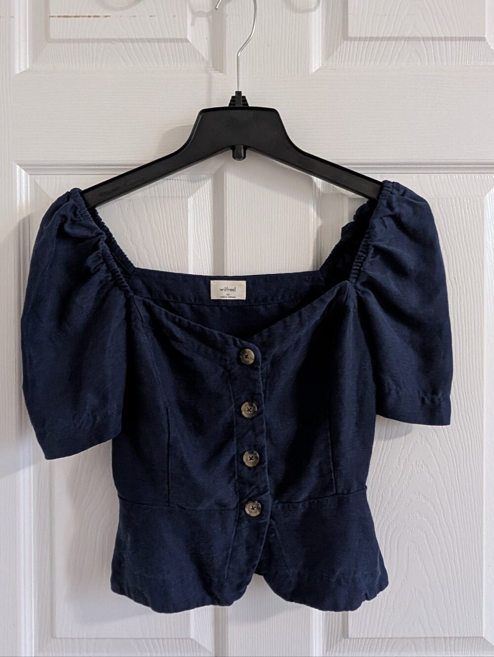 Wilfred Aritzia Navy Blue Linen Lyocell Button Front Puff Sleeve Peplum Top XS